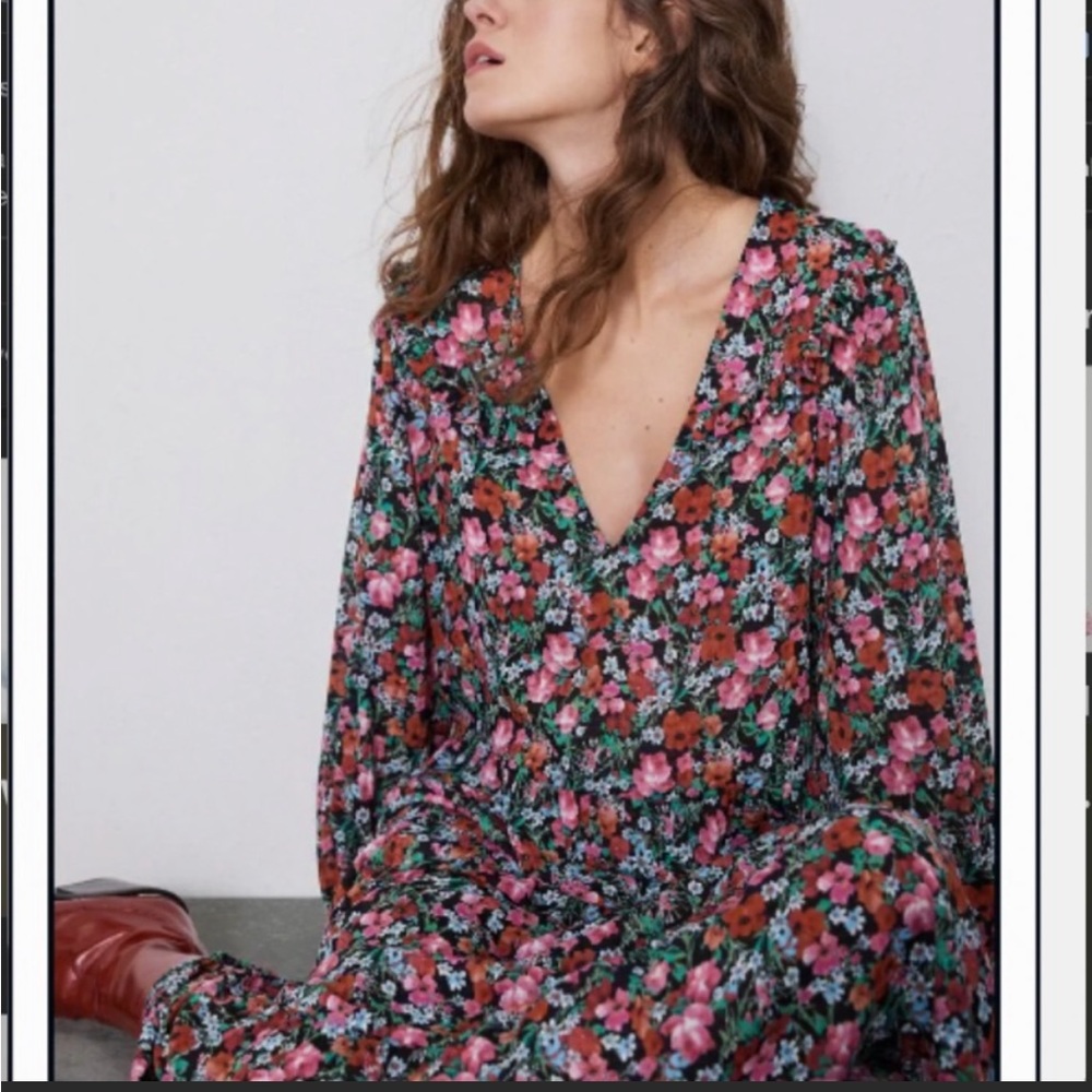 Zara floral ruffled V neck oversized midi dress - Picture 3 of 16